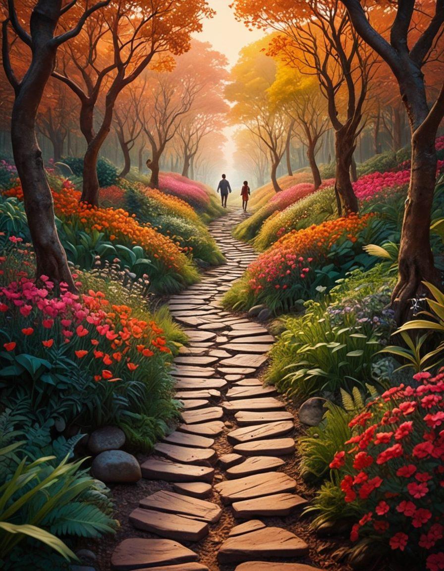 An abstract representation of a winding path leading through a vibrant, surreal landscape filled with symbols of exploration, intimacy, and discovery. Include silhouettes of diverse couples interacting, surrounded by playful motifs of adult-themed elements like hearts, arrows, and playful patterns. The scene should be inviting and thought-provoking, evoking a sense of adventure in erotic exploration. super-realistic. vibrant colors. dreamy background.