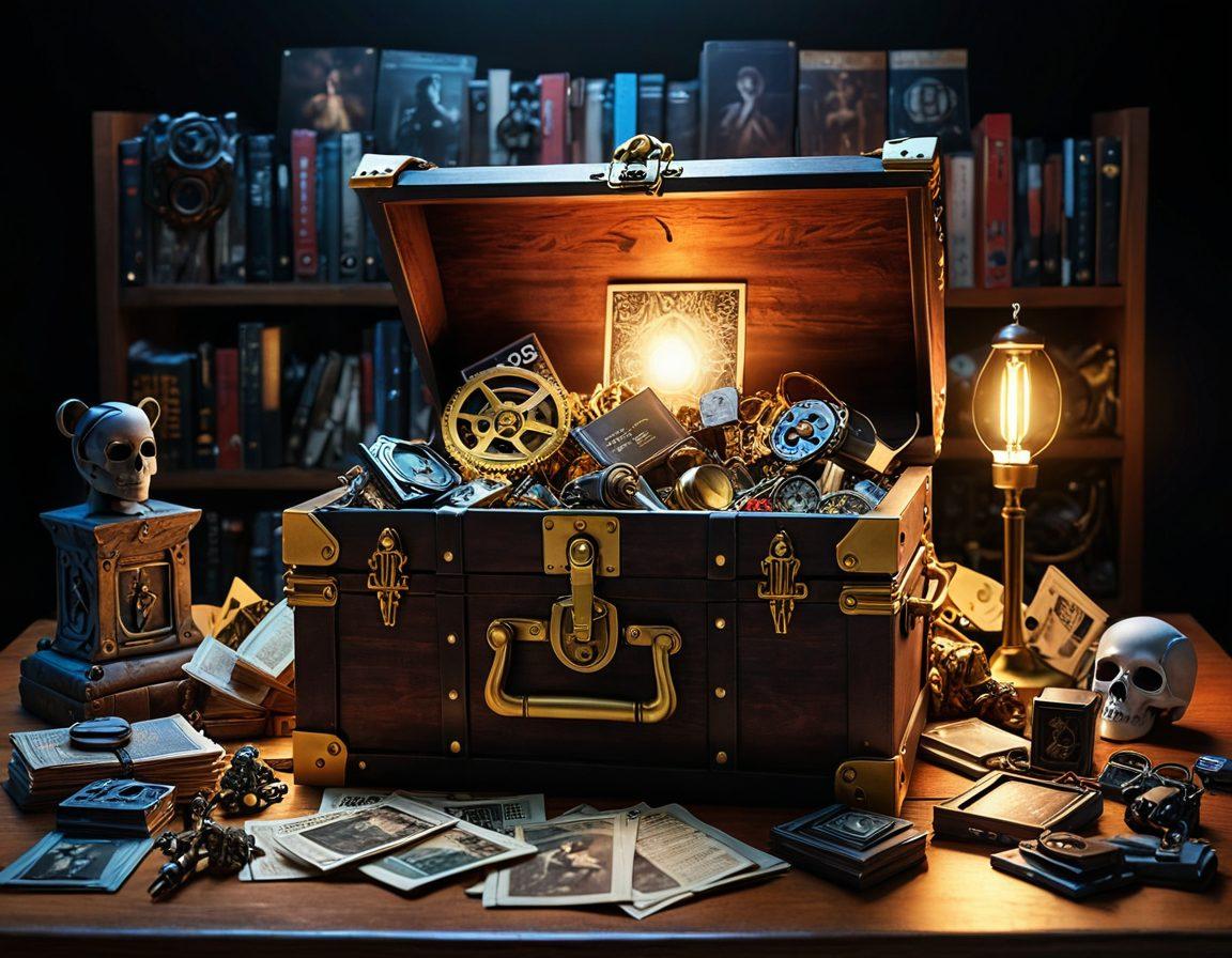 An open treasure chest overflowing with seductive imagery representing NSFW content, surrounded by media symbols like film reels, magazines, and digital screens, all emitting a mysterious light. In the background, a masked figure holds a key, hinting at the secrets being unlocked. Play with shadows and highlights to create intrigue. Vibrant colors. 3D.
